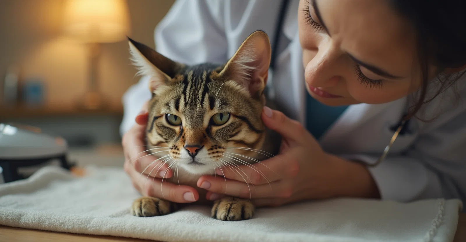 A cat at veterinary examination for genetic testing