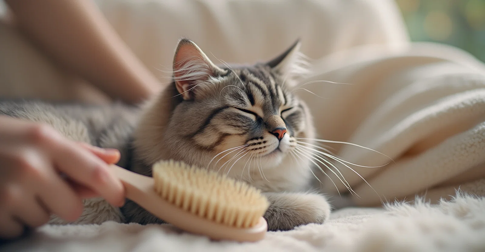 A cat being groomed with a brush