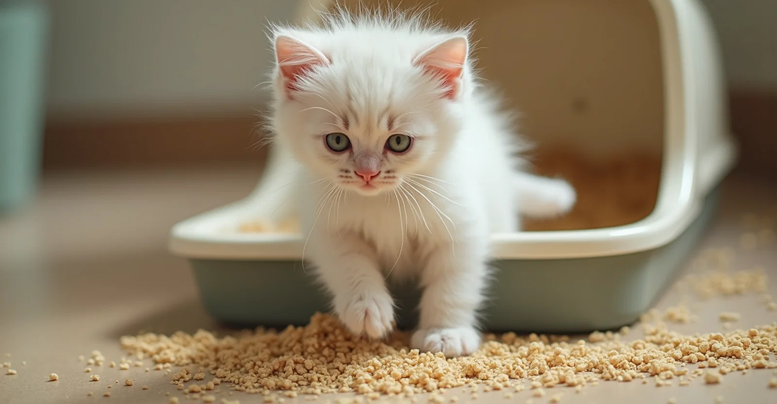 White-furred kitten exploring litter material next to its litter box