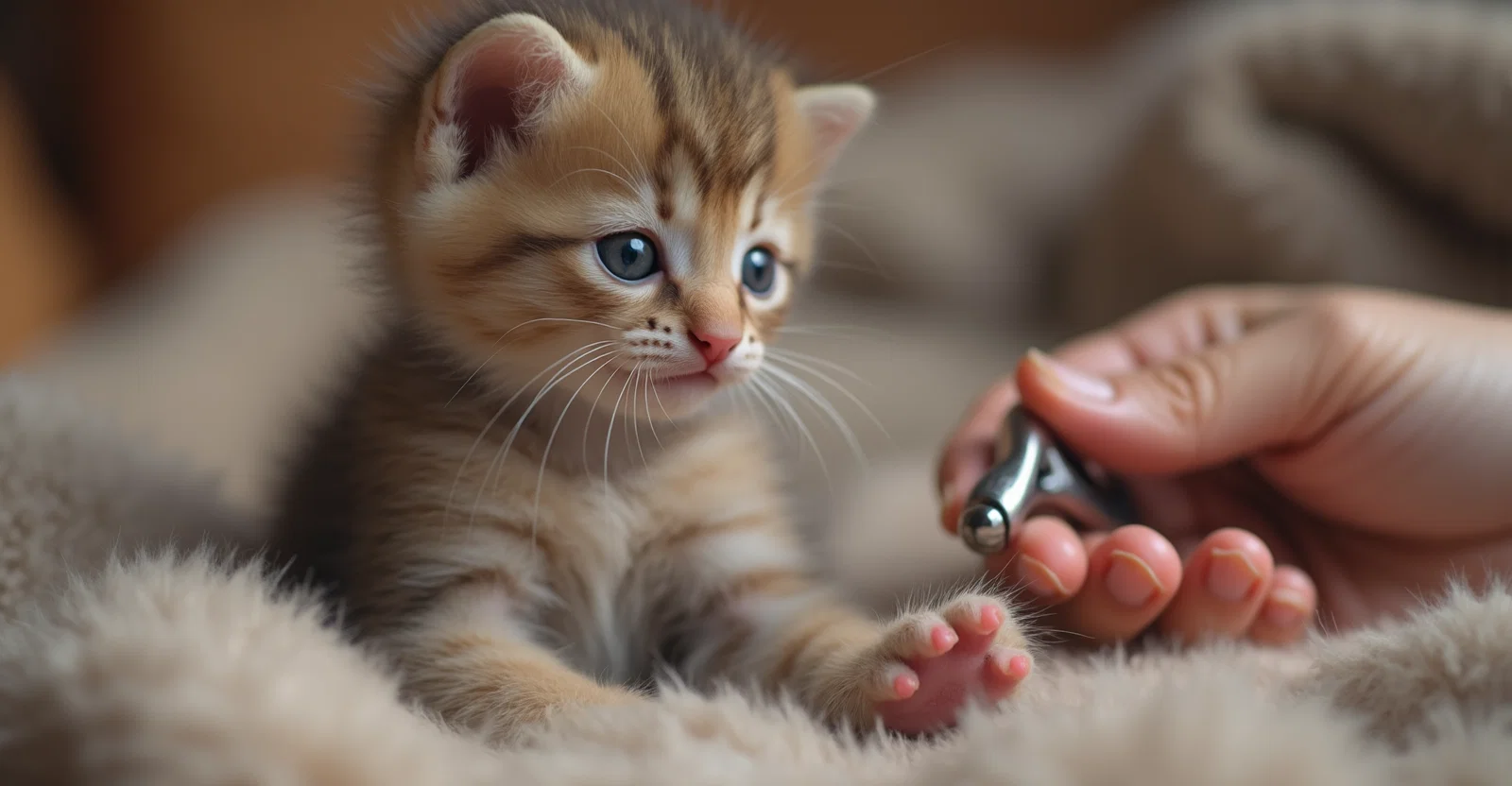 A kitten's apprehensive look while getting its nails trimmed