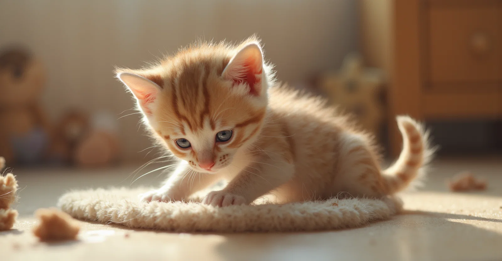 A kitten using a scratching post